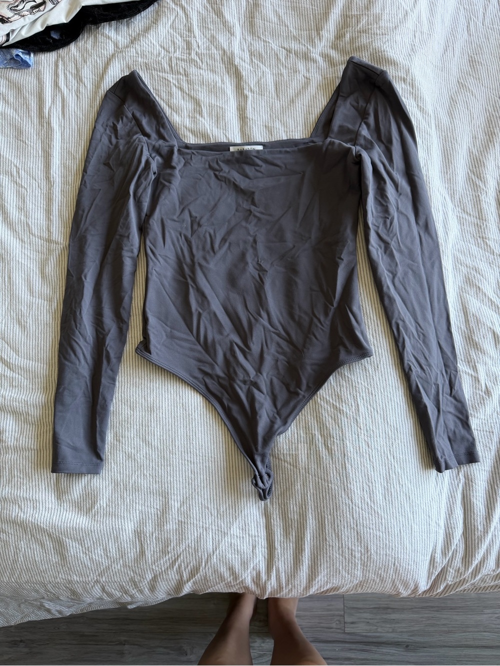 Babaton Square Neck Long Sleeve Gray Bodysuit
